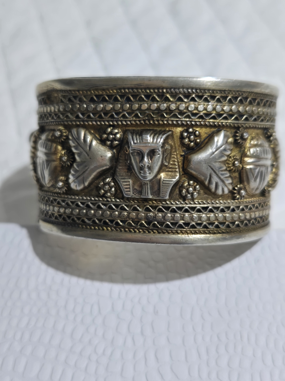 Egyptian Motif Metal Cuff Bracelet - Two-Tone Silver & Gold Finish